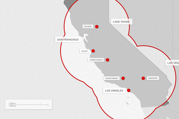 La répartition des Superchargers Tesla en Californie