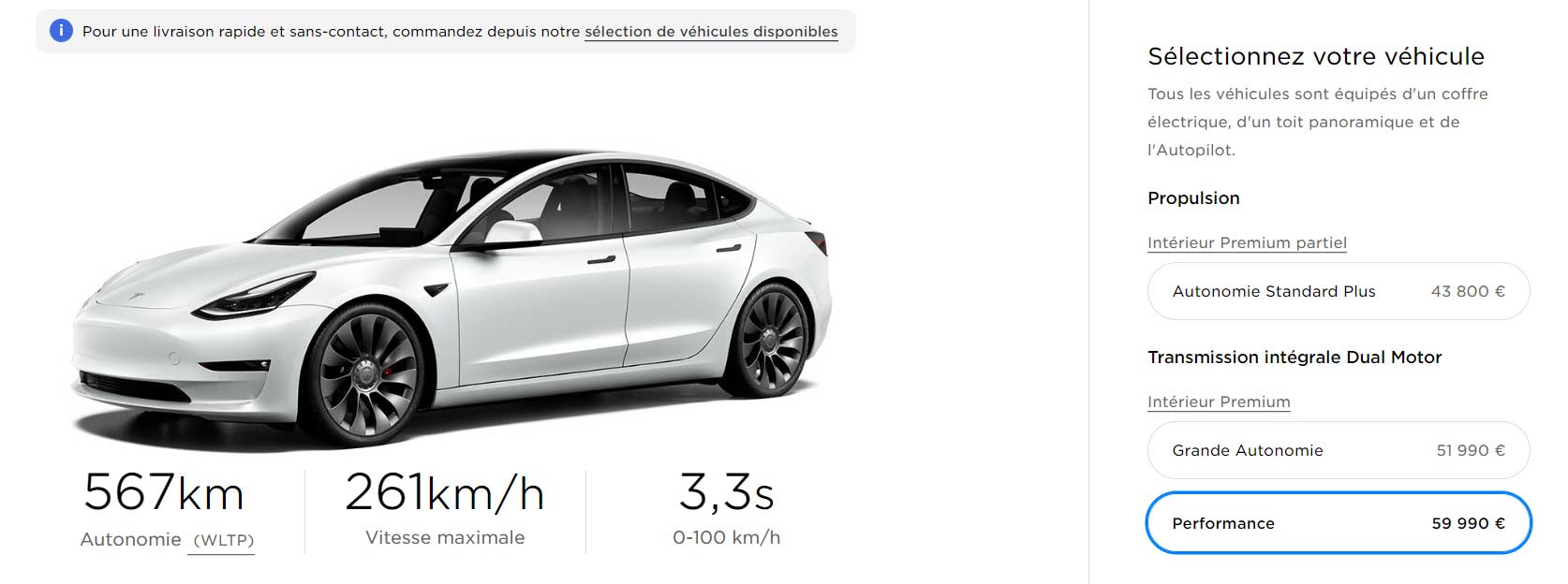 Configurateur Tesla Model 3 - liste des prix