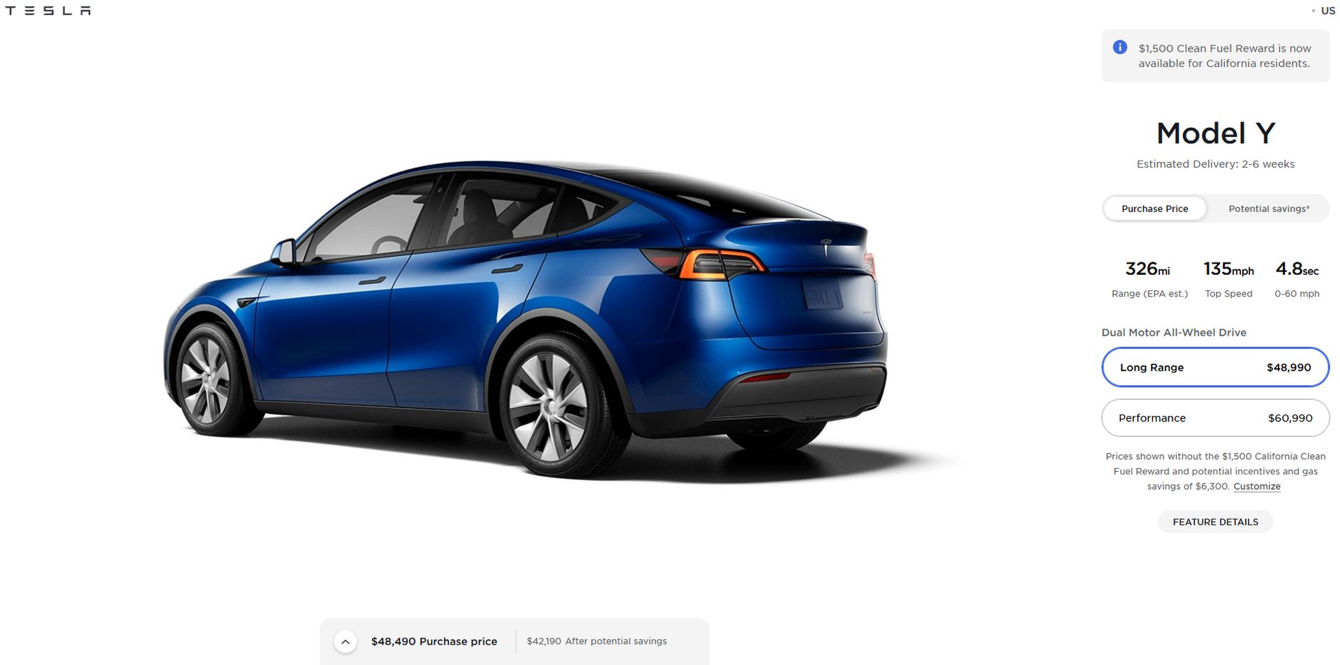 Captur du site Tesla Model Y en février 2021